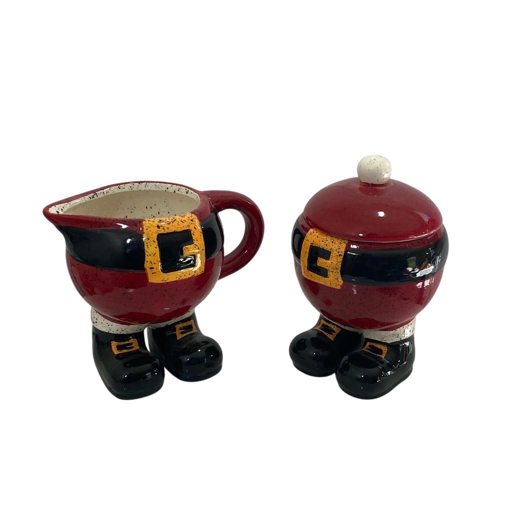 Meritage Santa Claus Belly Ceramic Cream Sugar 3 Pc Set Christmas Holiday Decor